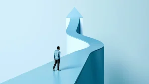 Person walking towards upward arrow path