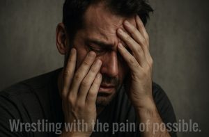 Man expressing emotional distress with closed eyes.