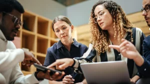 Team collaborating in modern office setting