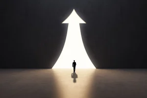 Back view of businessman silhouette in abstract concrete interior with upward arrow opening. Success, financial growth and future concept